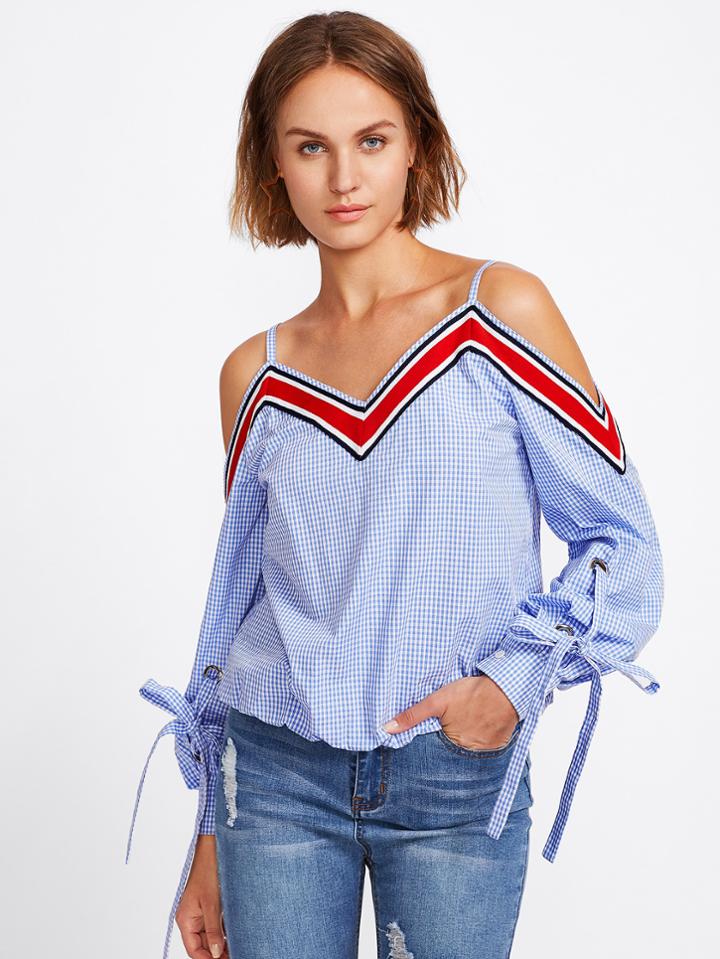 Romwe Striped Tape Detail Tied Cuff Gingham Top