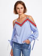 Romwe Striped Tape Detail Tied Cuff Gingham Top