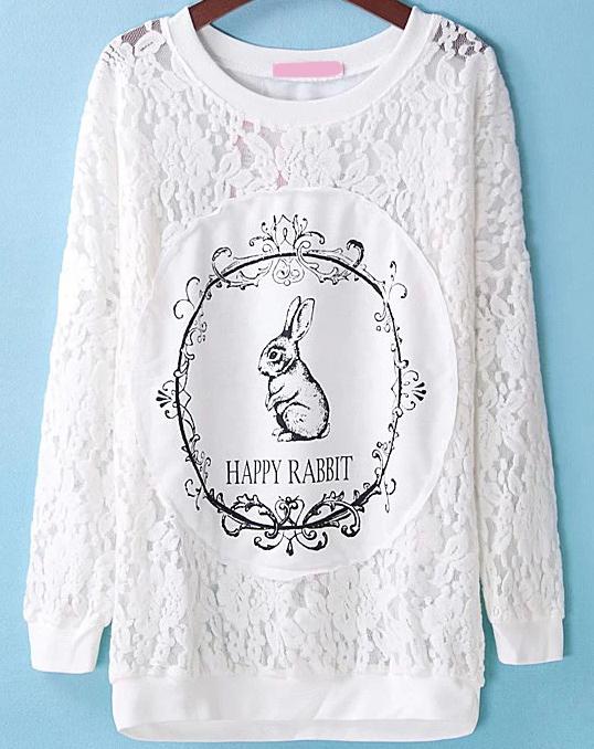 Romwe Happy Rabbit Print Lace Blouse