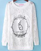 Romwe Happy Rabbit Print Lace Blouse