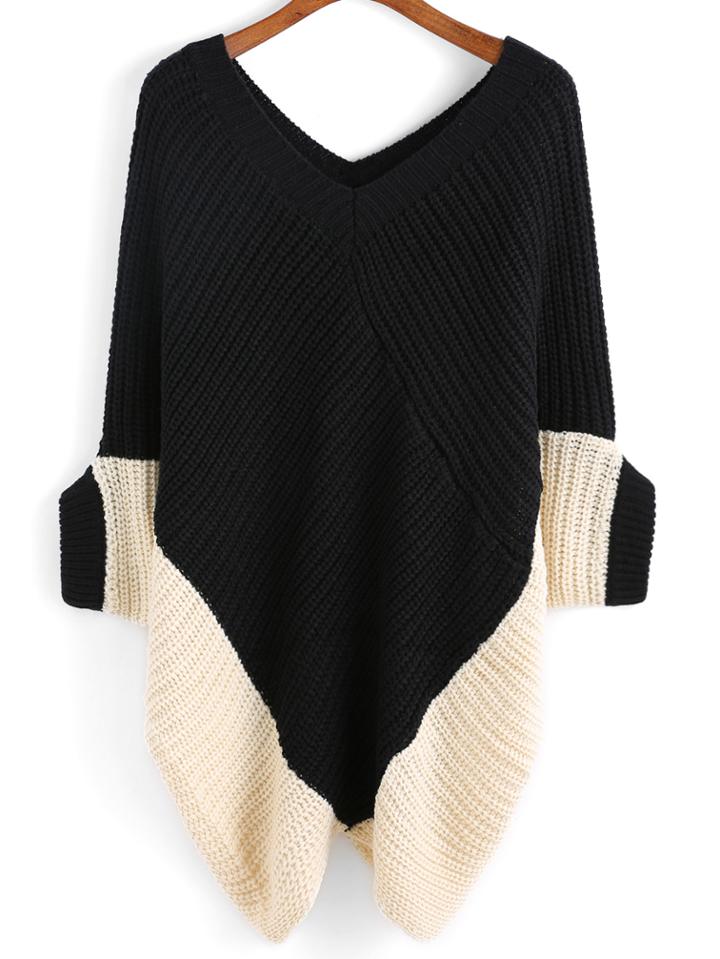 Romwe Color-block V Neck Poncho