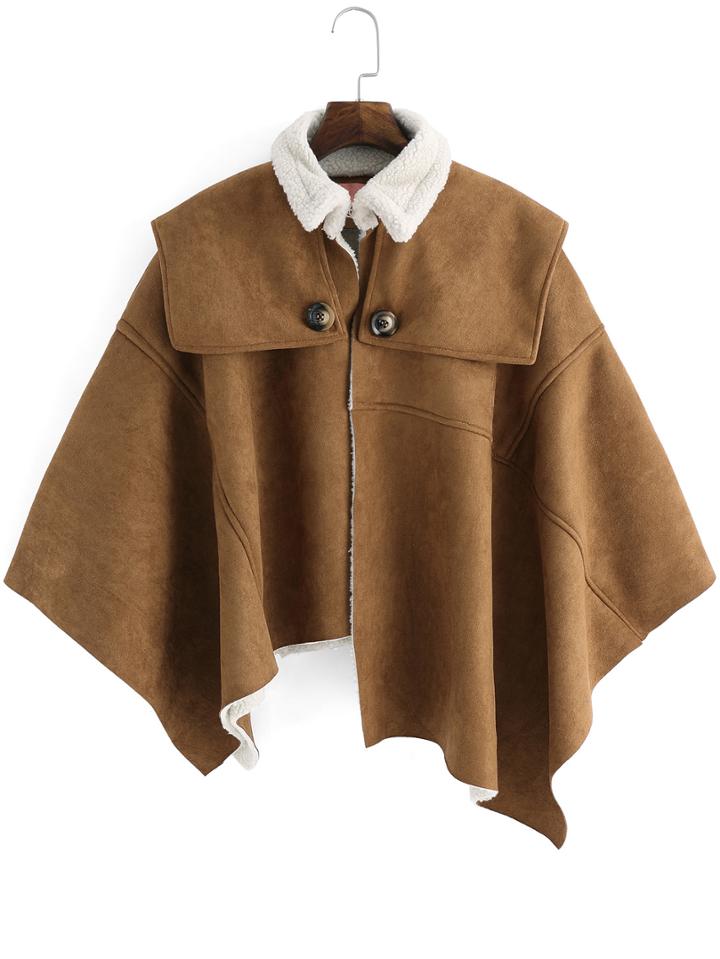 Romwe Lapel Buttons Suede Khaki Cape Coat