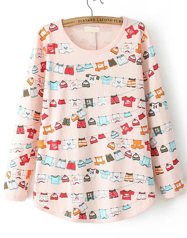 Romwe Cartoon Clothes Print Pink T-shirt