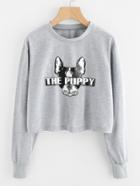 Romwe Puppy Print Crop Sweatshirt
