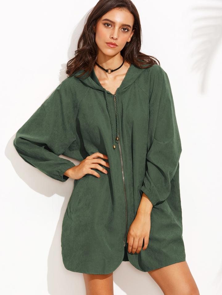 Romwe Raglan Sleeve Curved Hem Hooded Oversized Coat