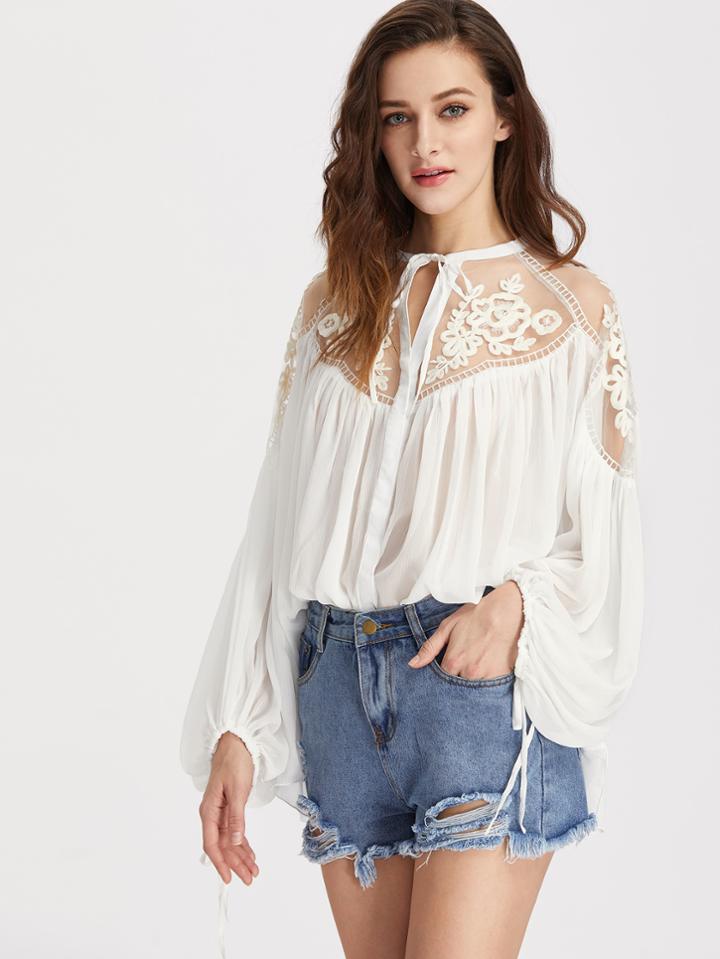 Romwe Tie Front Applique Mesh Shoulder Lantern Sleeve Crinkle Top