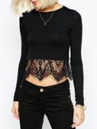 Romwe Long Sleeve Lace Hem Slim T-shirt