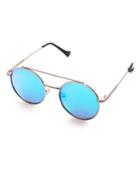 Romwe Blue Flat Lens Double Bridge Round Sunglasses