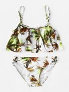 Romwe Palm Tree Print Flounce Bikini Set
