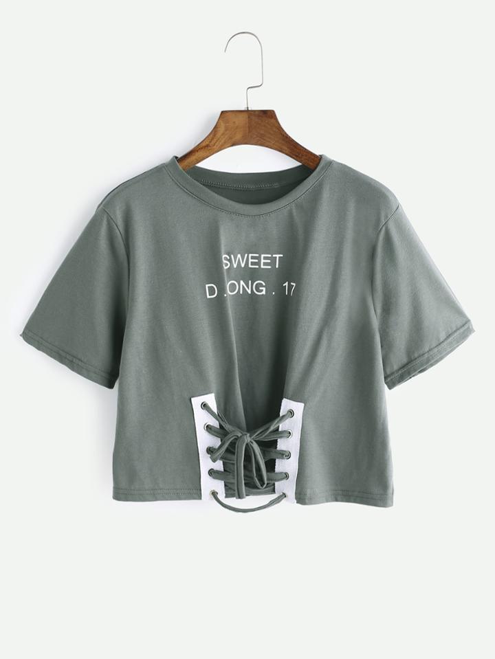 Romwe Graphic Print Eyelet Lace Up Front Tee