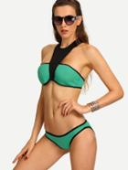 Romwe Contrast Halter Neck Bandeau Bikini Set - Green