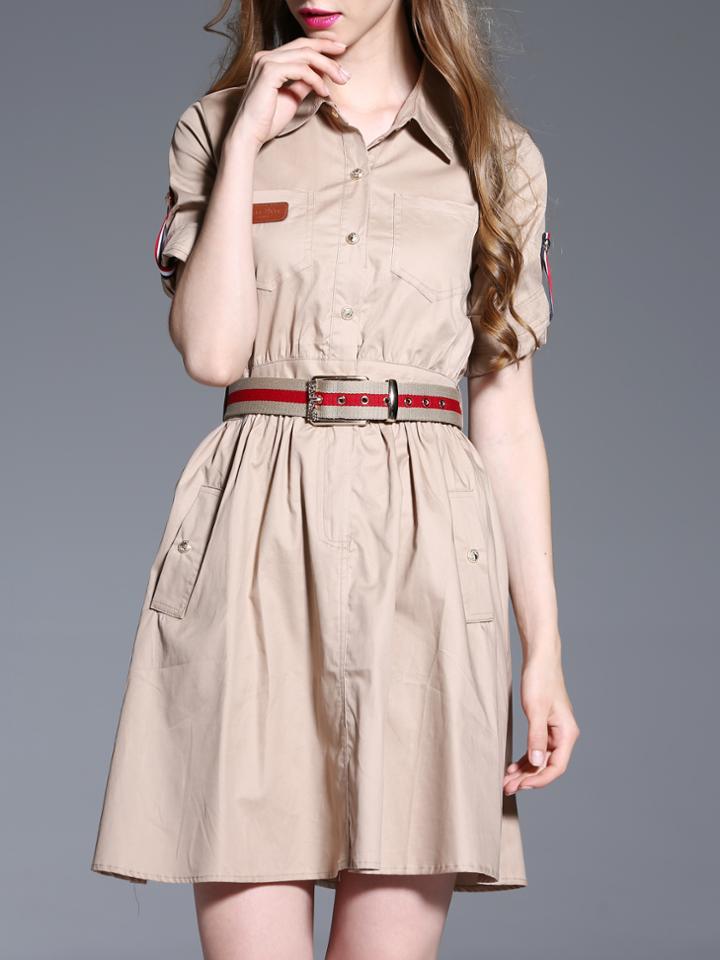 Romwe Khaki Lapel Belted Pockets A-line Dress