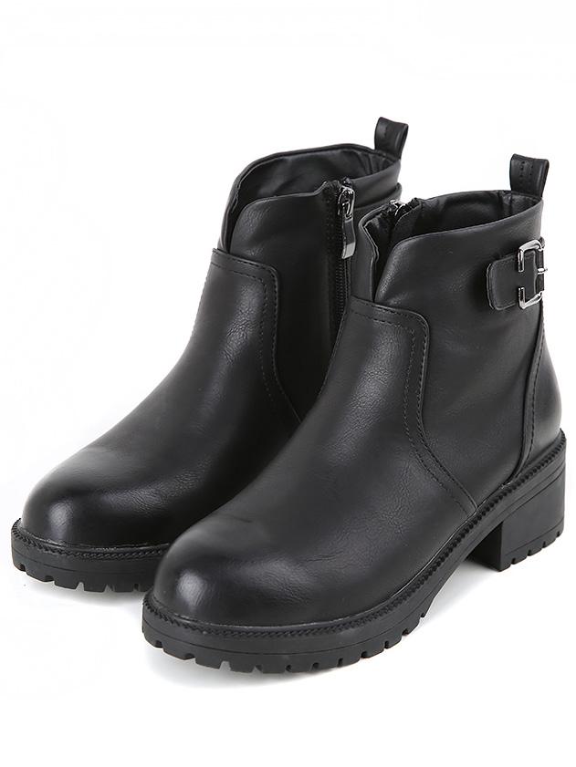 Romwe Black Round Toe Zipper Buckle Strap Boots