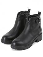 Romwe Black Round Toe Zipper Buckle Strap Boots