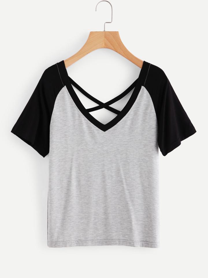 Romwe Contrast Sleeve Criss Cross Tee