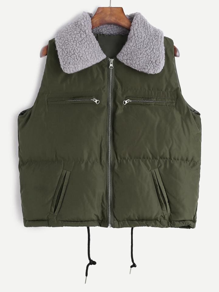 Romwe Army Green Drawstring Hem Quilted Vest