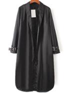 Romwe Black Shawl Collar Flower Embroidery Side Slit Trench Coat