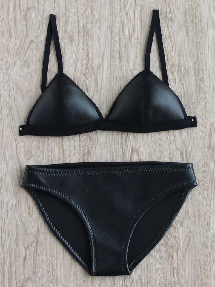 Romwe Faux Leather Triangle Bikini Set