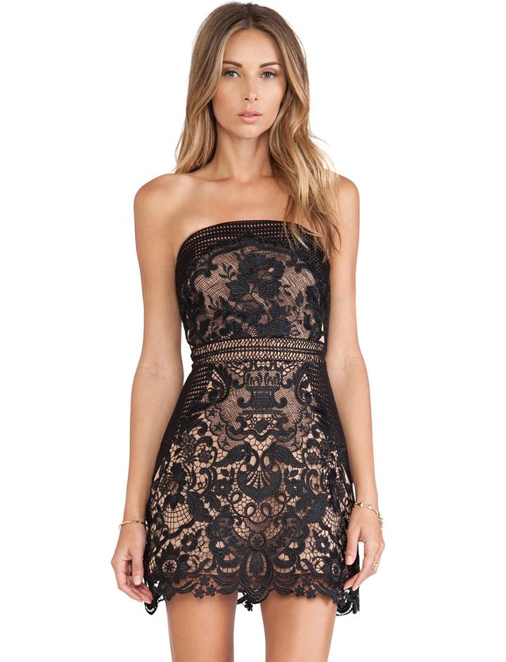 Romwe Lace Embroidered Strapless Black Dress