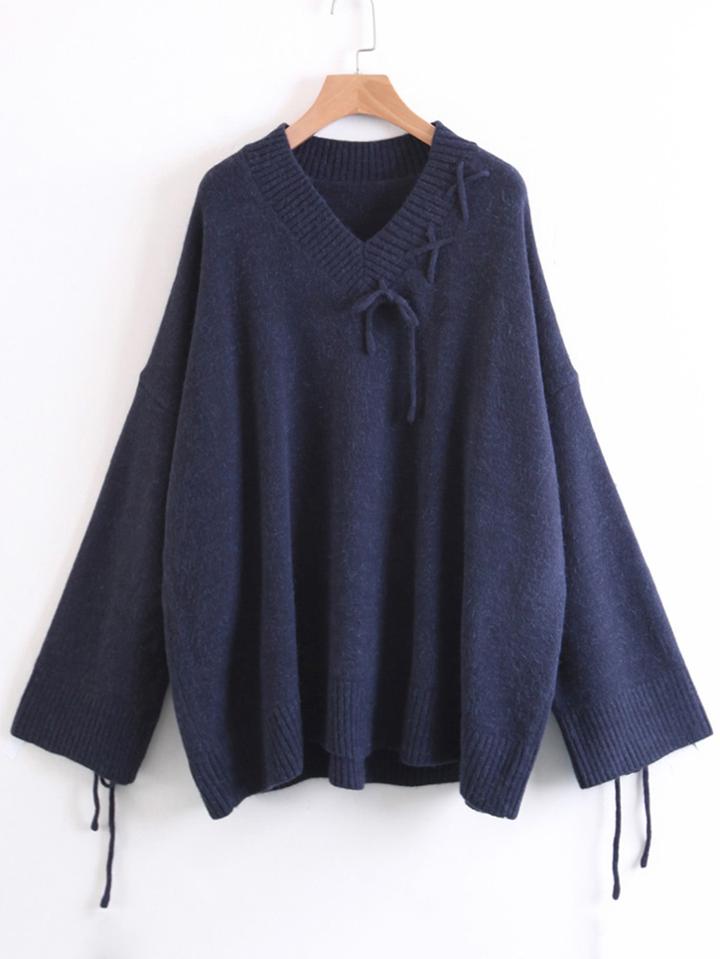 Romwe Lace Up Design Oversized Sweater