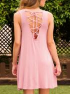 Romwe Pink Lace Up Shift Dress