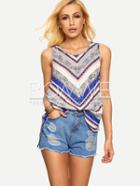 Romwe Multicolor Sleeveless Print Split Back Tank Top