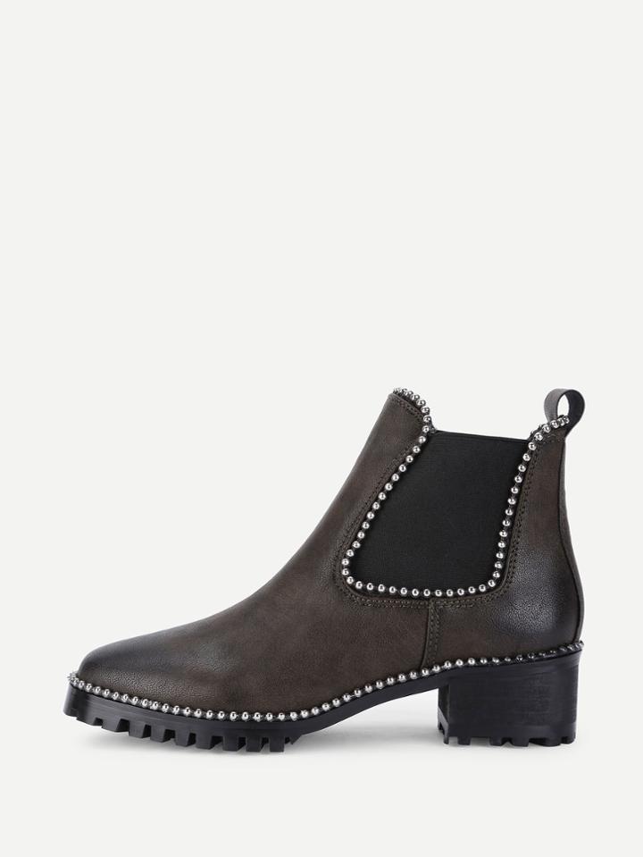 Romwe Beads Trim Block Heeled Pu Boots