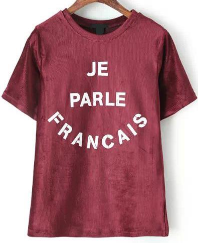 Romwe Letters Print Wine Red T-shirt