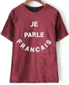 Romwe Letters Print Wine Red T-shirt