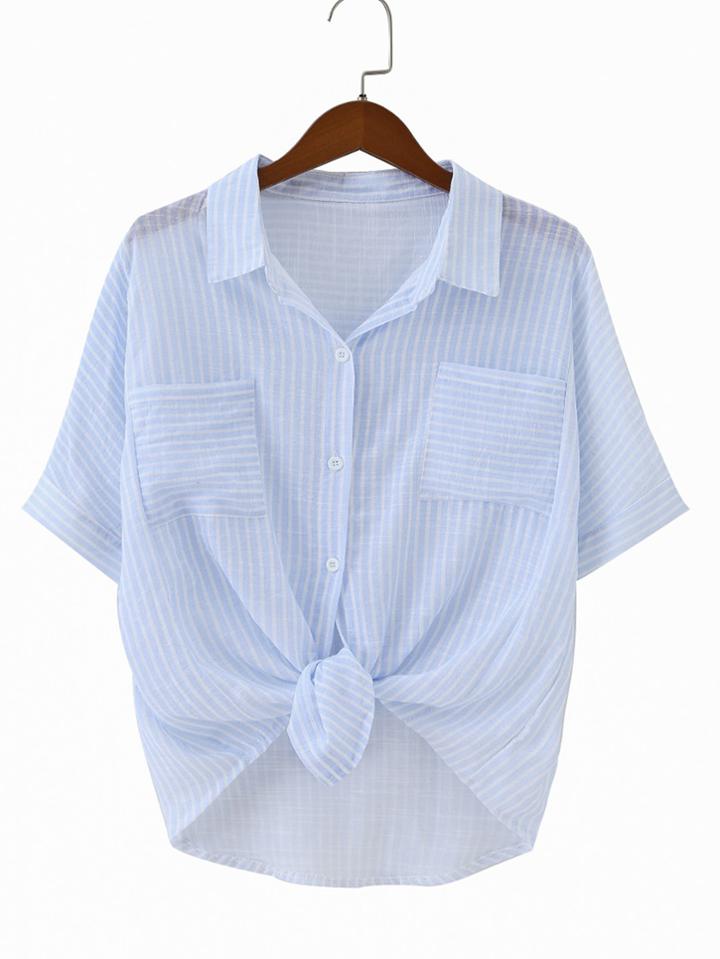 Romwe Dual Pocket Knotted Hem Striped Shirt