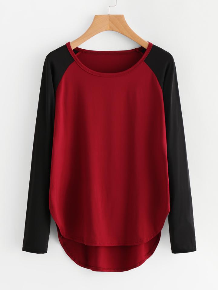 Romwe Contrast Raglan Sleeve High Low Curved Hem Tee