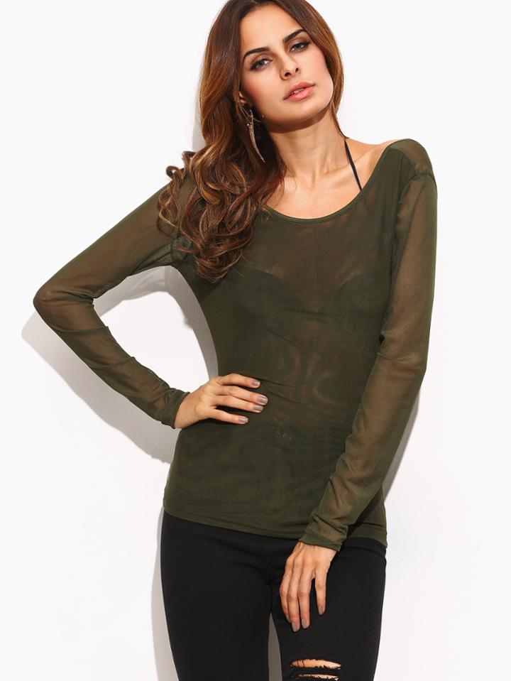 Romwe Olive Green V Back Sheer Mesh Top