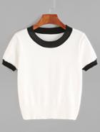 Romwe White Contrast Trim Knitted T-shirt
