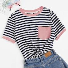Romwe Plus Patch Pocket Striped Ringer Top