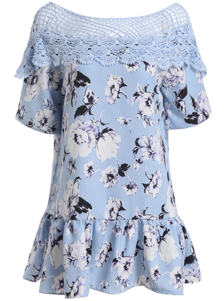 Romwe Lace Insert Flower Print Peplum Hem Dress