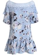 Romwe Lace Insert Flower Print Peplum Hem Dress
