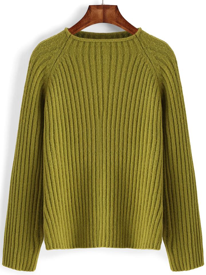 Romwe Crew Neck Split Side Army Green Sweater