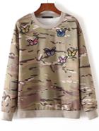 Romwe Butterfly Embroidery Ribbed Trim Camouflage Sweatshirt