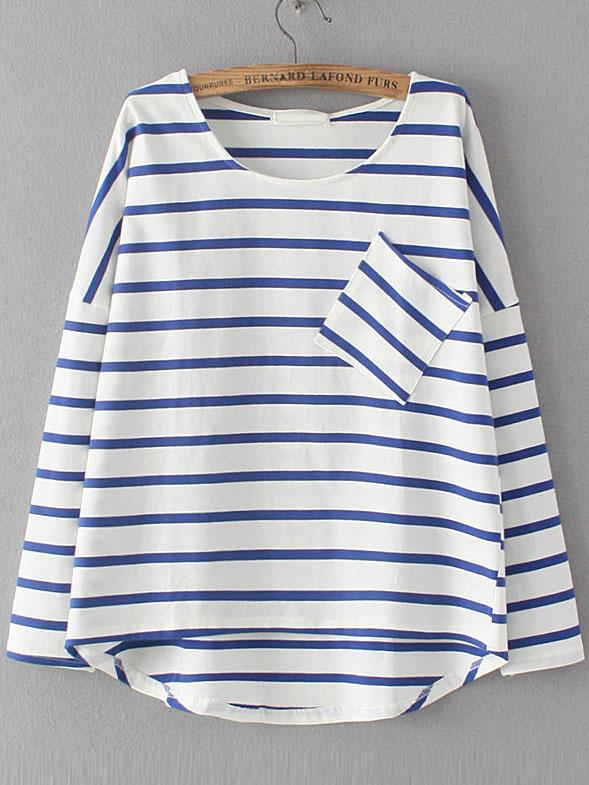 Romwe Blue Dropped Shoulder Seam Striped Dip Hem Pocket T-shirt