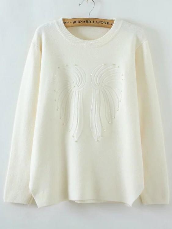 Romwe White Beaded Round Neck Casual Sweater