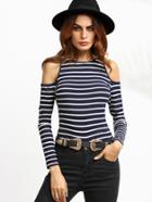 Romwe Navy Striped Open Shoulder Ribbed T-shirt