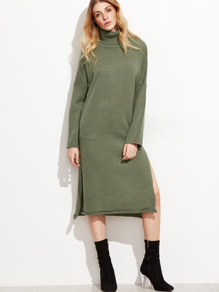 Romwe Turtleneck Drop Shoulder High Slit Side Long Sweater