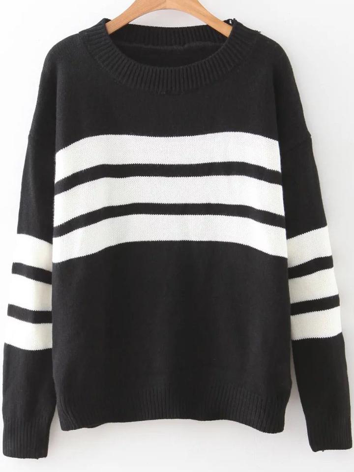 Romwe Black Striped Ribbed Trim Drop Shoulder Sweater