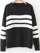 Romwe Black Striped Ribbed Trim Drop Shoulder Sweater