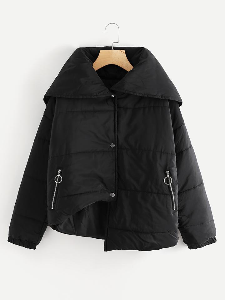 Romwe Asymmetrical Hem Lapel Padded Coat