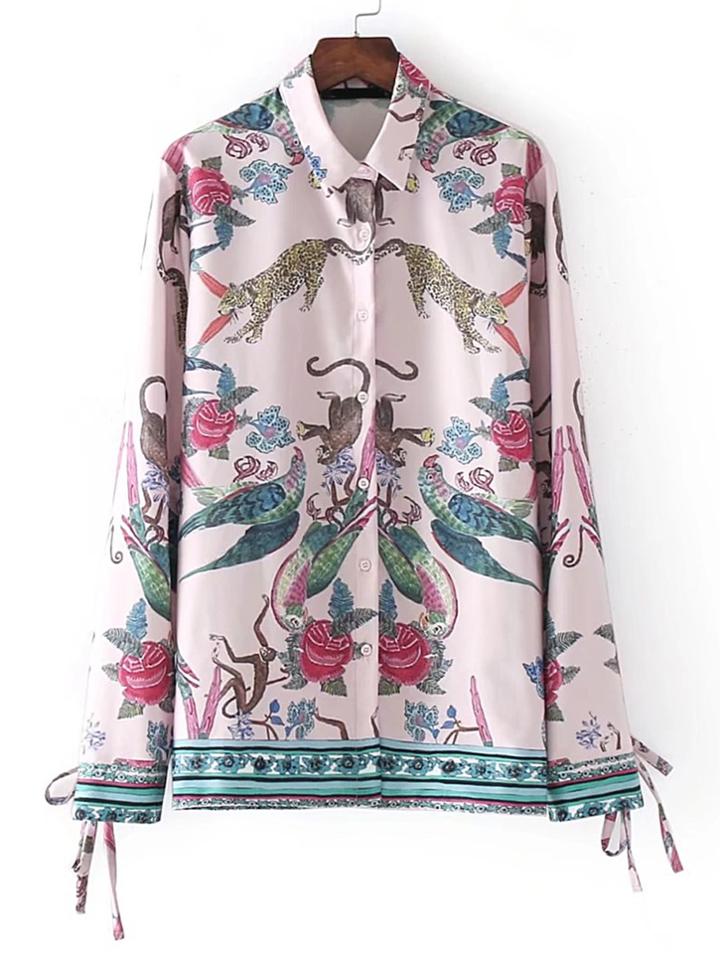 Romwe Animal Print Tie Cuff Blouse