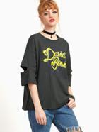 Romwe Grey Letter Print Cut Out Sleeve T-shirt