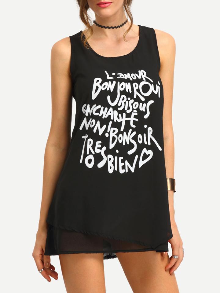 Romwe Letter Print Layered Chiffon Tank Dress