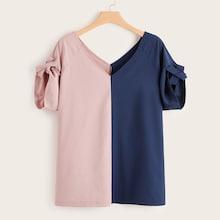 Romwe Plus Two Tone Knot Cuff Blouse