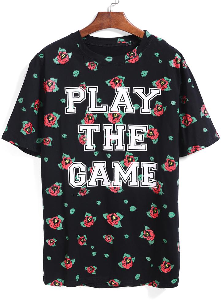 Romwe Flower Letter Print Black T-shirt